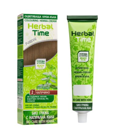 Herbal Time Henna Natural Cream Color Cappuccino N 2 | Henna Coloring Cream with Nettle Extract | Gray Hair Cover | Temporary Color Dye Cream | Ammonia Free Sulfates Free Parabens Free | 75 ml Capuccino 2