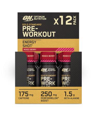 Optimum Nutrition Gold Standard Pre-Workout Energy Shot Ready to Drink Food Supplement with Beta Alanine Caffeine PerforMelon Boost and Vitamin B6 and B12 Mixed Berry Flavour 12-Pack 12 x 60 ml - Buy Online on GoSupps.com