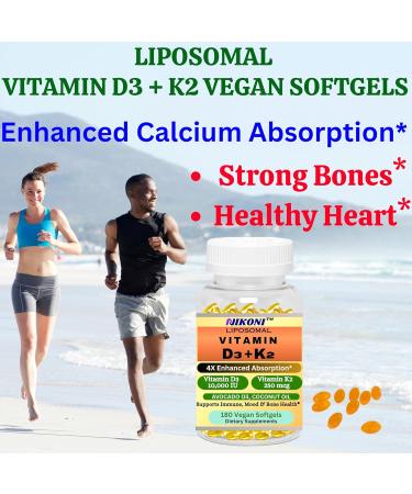 Nikoni Liposomal Vitamin D3 10000 IU, Vitamin K2 (MK-7) 250 mcg, Infused with Coconut & Avacado Oil, Easy to Swallow, Supports Calcium Absorption, Bone Health, 180 Vegan Softgels - Buy Online on GoSupps.com