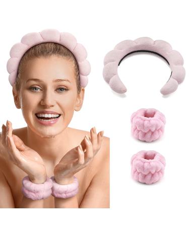 PHOYEN Makeup Headband  Spa Headband for Washing Face  Headband and Wristband Set  Non Slip Bubble Puffy Terry Cloth Skincare Headband for Women Baby Girl  Valentines Birthday Bridal Headband (Pink)