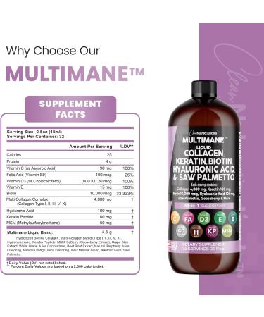 Premium Liquid Collagen with Biotin, Keratin, Saw Palmetto - Hair Skin and Nails Vitamins - Made in USA - 16 Fl. Oz - Buy Online on GoSupps.com