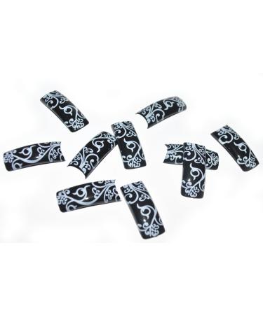 100 False French Acrylic Nail Art Tips Black Swirl Flower Size 1-10
