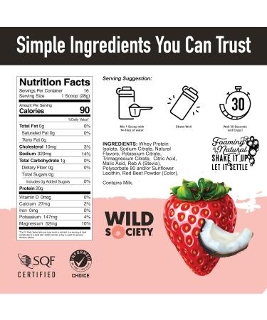 WILD SOCIETY Premium Clear Whey Protein Isolate - 20g Protein Electrolytes No Sugar Strawberry Coconut 16 oz - GMO-Free Natural Flavor - Buy Online on GoSupps.com