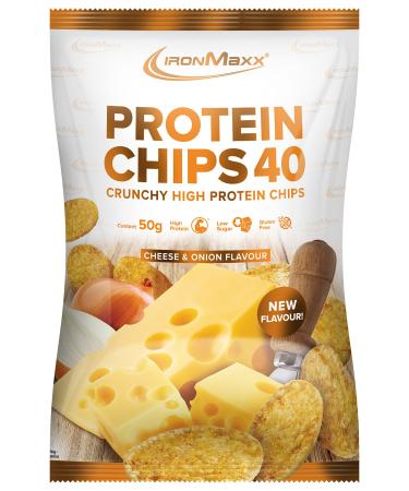 Ironmaxx protein chips 40 - cheese and onion 1 x 50g |baked high protein low carb and gluten -free |Available Cheese & Onion 50 g (1 Pack) in many flavors - Buy Online on GoSupps.com