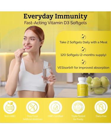 HEALTH IN HARMONY Everyday Immunity 4000 iu Vitamin D3 Supplement - Fast Acting Immune Support Supplement for Bone/Cellular Health - Non GMO Dietary Supplements - Utilizes Vesisorb (60 softgels) - Buy Online on GoSupps.com