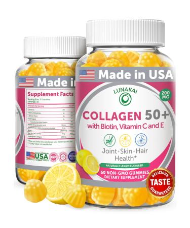 Lunakai USA Manufactured Collagen Gummies for Women & Men Over 50 Biotin & Vitamin C Supports Skin Elasticity Hair & Nail Strength Joint Support 60ct Single Bottle