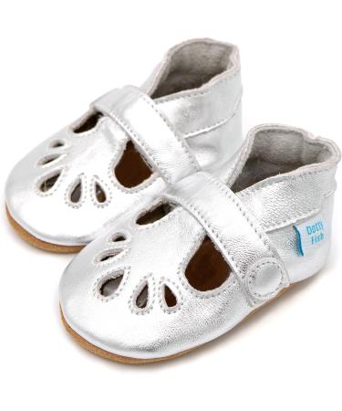 Dotty Fish Soft Leather Baby Shoes - Classic T-Bar Shoes for Girls | Non-Slip Suede Soles | 0-6 Months to 2-3 Years | Silver - Buy Online on GoSupps.com