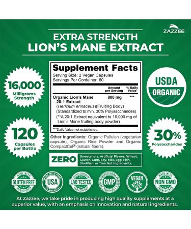 Zazzee USDA Organic Lion's Mane 20:1 Extract 30% Polysaccharides 16 000 mg Strength 120 Vegan Capsules Nootropic for Brain Health Focus Memory Concentration and Immune Support Made in The USA - Buy Online on GoSupps.com