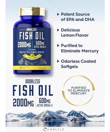 Carlyle Fish Oil 2000mg | 600mg Omega 3 Supplement for Men & Women | 90 Odorless Softgels | Lemon Flavored | Non-GMO and Gluten Free - Buy Online on GoSupps.com
