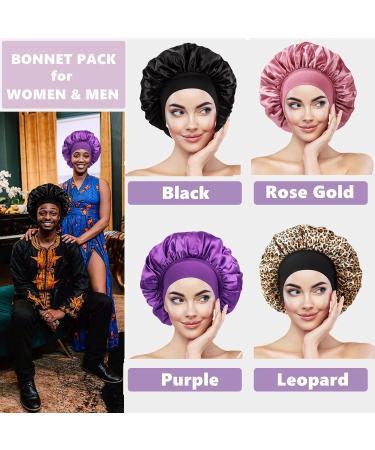 4 PCS Satin Bonnet Set for Black Women and Teen Girls - Hair Cap for Sleeping in B, Black, Rose Gold, Purple, Leopard Print - Buy Online on GoSupps.com