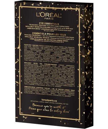 L Or al Paris Eye Essentials Makeup Gift Set - Telescopic Blackest Black Mascara Infallible Never Fail Black Eyeliner Unbelieva-brow Longwear Topcoat 3-Piece Makeup Set - Buy Online on GoSupps.com