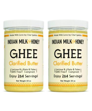 Classic Ghee Butter, Grass-Fed by Indian Milk & Honey, 44 oz x 2 (Twin Pack) with 264 Servings Each| Handmade & Locally Sourced Ghee Clarified Butter | Lactose, Gluten & Casein Free | Ghee in Recyclable PET Jars (44 Oz Twin)