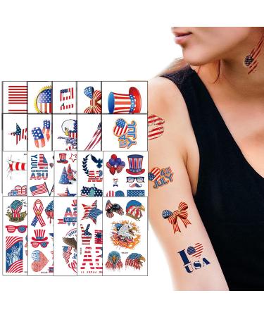 20 Sheets Independence Day Temporary Tattoos  4th of July  American Flag Design Stickers  Water Transfer Patriotic Fake Tattoos USA Party Favors Supplies Body Art Decorations Accessories