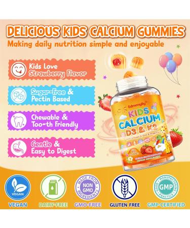 Kids Calcium Gummies with Vitamin D3 K2 - Calcium Citrate with Magnesium, Zinc, Omega-3 and Probiotics for Kids Bone Health, Digestive & Development Support - Sugar Free Gummies, Non-GMO, Vegan Strawberry 60 Count (Pack of 2) - Buy Online on GoSupps.com