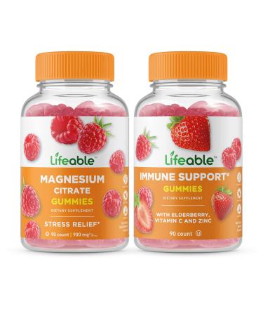 Lifeable Magnesium + Immune Support Gummies Bundle - Great Tasting Vitamin Supplement Gluten Free GMO Free Chewable Gummy