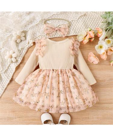 PatPat Baby Girl Long Sleeve Tutu Dress - 3-6 Months | Infant Tulle Flower Girl Princess Dress for Christmas Party & Birthdays - Apricot - Buy Online on GoSupps.com