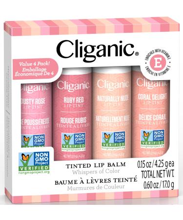 Cliganic Tinted Lip Balm - Non-GMO, 4 Colors - Enriched with Vitamin E, Cruelty Free