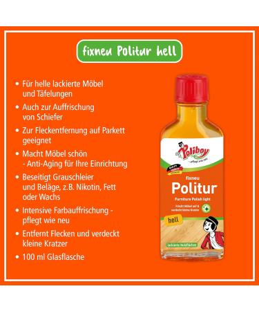 Poliboy Fix Neu Politur Hell - Premium Furniture Polish for Bright Lacquered Woods - Refreshing 2x100ml Pack with Cotton Cloth - Made in Germany - Buy Online on GoSupps.com