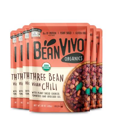 BeanVIVO - Organic Three Bean Vegan Chili Pack of 6 (10 oz each) - Seasoned & Ready to Eat, Plant Protein, Vegan, Gluten Free, Microwaveable, Instant Meals.