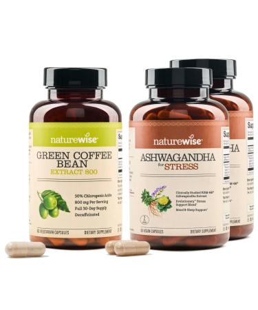 NatureWise 1 Green Coffee Bean Extract - Vegan Non-GMO - 60 Capsules 30-Day Supply + (Pack of 2) Ashwagandha for Stress + GABA & L-Theanine - 60 Capsules 30-Day Supply