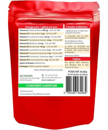 NAKURU | Multi-Vitamins | Boost Range | Made in France | Vitamin A + D3 + C + Group B (90 Capsules of 385mg / Net Weight: 34.5g) - Buy Online on GoSupps.com