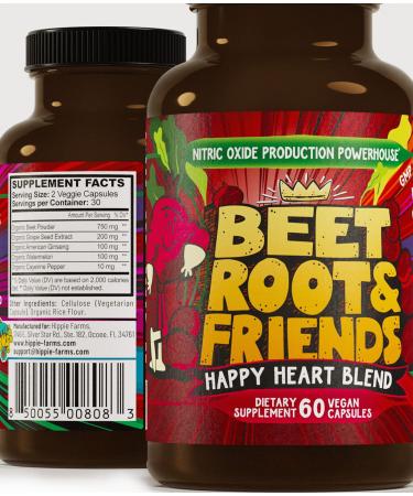 USA Grown Beet Root Powder - Nitric Oxide Production and Blood Pressure Support - Super Friends Happy Heart Blend with Grape Seed Extract & Ginseng