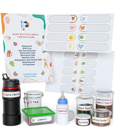 Baby Bottle Labels for Daycare - Waterproof Sippy Cup Labels Set - Assorted Write-On Bottle Name Labels for Camp Preschool - Self-Laminating BPA-Free Dishwasher Safe Stickers - 36 Pack