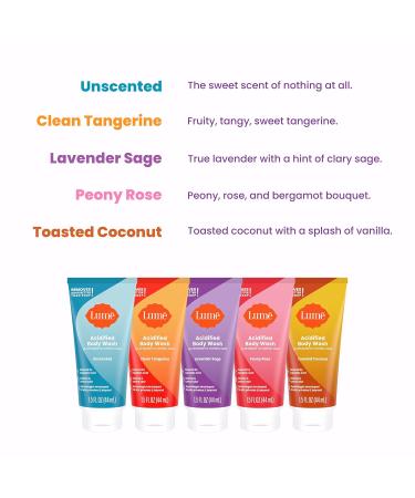 Lume Acidified Body Wash 5 Pack Mini Sampler - 24 Hour Odor Control, Moisturizing Formula, SLS & Paraben Free - Clean Tangerine Lavender Scent - Safe For Sensitive Skin - 1.5oz Tubes - Buy Online on GoSupps.com