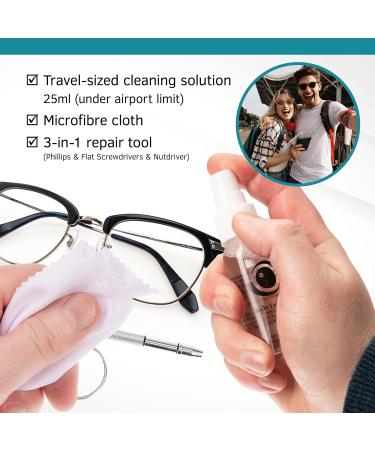 Complete Eyeglass Lens Cleaner Set | Cleans any Lens or Screen | Repair Tool Fixes Eyeglasses Sunglasses and Watches | Includes Cleaning Solution Repair Tool and Premium Microfiber Towelette - Buy Online on GoSupps.com