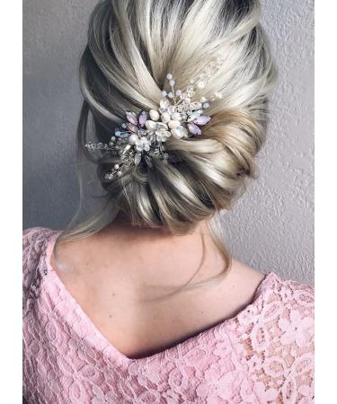 Kercisbeauty Wedding Pink Blue Rhinestones White Flower Hair Comb with Crystal Beads for Brides Bridal Headpiece Prom Hair dress(Silver)