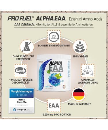 Alpha EAA Powder 462g - Vegan Blue Raspberry Amino Acid Drink | All 8 Essential Amino Acids | Made in Germany | Optimal Performance - Buy Online on GoSupps.com