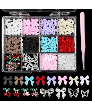 3D Bows Nail Charms Pink Color White Red Black Bows Flowers Pearls Nail Charms Mixed Color Nail Charms Butterfly Cherry Alloy Silver Nail Art Gems Charms for Nail Art Decor Accessories DIY