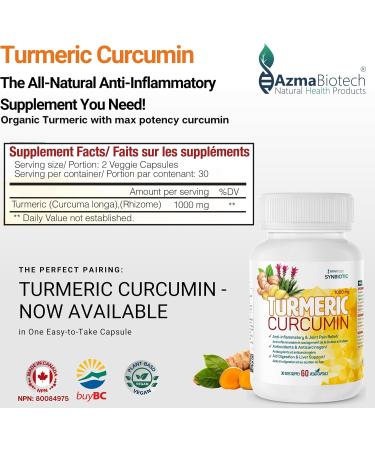 Azmabiotech Organic Turmeric Curcumin 1000mg Anti-Inflammatory & Antioxidant Support for Joint Health 60 Veggie Capsules Non-GMO Vegan Gluten-Free Made in Canada - Buy Online on GoSupps.com