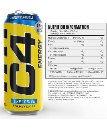 Wowboxme C4 Original Sugar Free Sparkling Energy Drink Frozen Bombsicle PreTraining Performance Drink with Caffeine 500 ml Pack of 12 - Buy Online on GoSupps.com