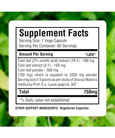 HerbsForever Tulsi (Holy Basil)-Extra Strength (10:1)Extract Equiv.to 2250mg Leaves Powder Per Serving- Supports Immunity Respiratory & Stress Relief|Antioxidant|2%Ursolic Acid|60Veg Capsules|750mg - Buy Online on GoSupps.com