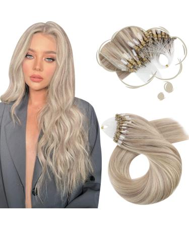 Moresoo Microring Extensions Real Hair 60 cm Cold Fusion Extensions Real Hair Microring Loop Remy Micro LoP Extensions Real Hair Ashblond with Platinblond Microring Extensions #P18/613 50g 60 cm 1.Microring #18p/613