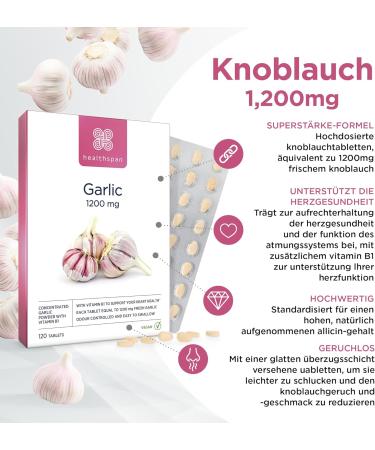 Healthspan Garlic 1200 mg Tablets | Supports Heart & Respiratory Health | Normal Cholesterol | Vitamin B1 Enriched | Smell-Controlled & Easy to Swallow | Vegetarian - Buy Online on GoSupps.com