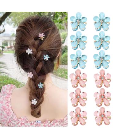 12Pcs Mini Pearl Hair Claw Clips in Flower Design Small Pearl Hair Claw Clips  Artificial Decorative Hair Accessories for Women Girls (including 6pcs Blue and 6pcs Pink clips) Blue and Pink
