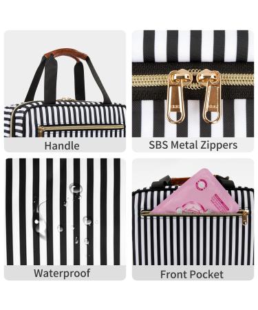 Hanging Travel Toiletry Bag - Waterproof Nylon Cosmetic Organizer Pouch with Handle and 360 Hanging Hook - Black White Stripe - Medium Size - Buy Online on GoSupps.com