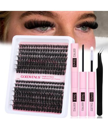 Eyelash Extension Kit Thick Cluster Lashes 280pcs D Curl Individual Eyelashes Lash Extension Kit with Eyelash Clusters Lash Glue Bond and Seal and Lash Tweezers by Goddvenus B-80D+100D Kit-A