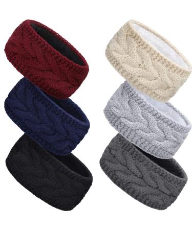 6 Pieces Winter Cable Knit Headband Fleece Lined Winter Ear Warmer Headband Wrap for Christmas Valentines Day Giving (Classic Colors)