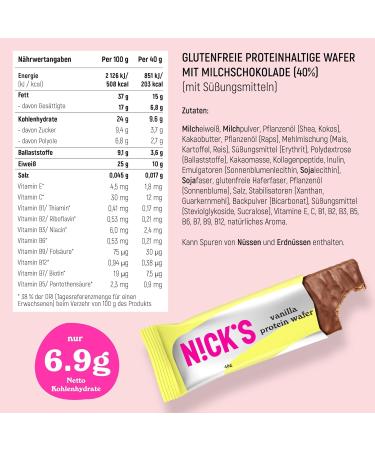 Nicks Protein Wafer Bar Vanilla | 25% Protein | Low Carb | Gluten-Free | 203 Calories | Sugar-Free Chocolate Snacks - 9 Pack (40g Each) - Buy Online on GoSupps.com