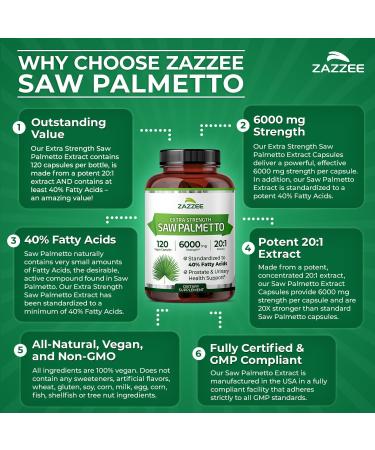 Zazzee Extra Strength Saw Palmetto 20:1 Extract 6000 mg Strength 40% Fatty Acids 120 Vegan Capsules 4 Month Supply Concentrated and Standardized 20X Extract Non-GMO All-Natural Made in the USA - Buy Online on GoSupps.com