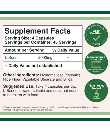 L-Serine Capsules (Third Party Tested) - 2,000mg Servings Used in Clinical Study 180 Count 500mg per Capsule (L Serine Amino Acid for Serotonin Production and Brain Support) by Double Wood - Buy Online on GoSupps.com