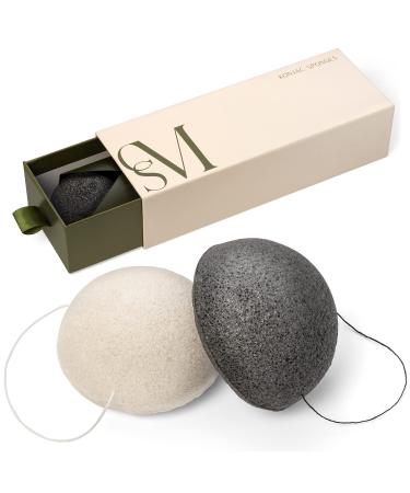 CSM Organic Konjac Sponges 3-Pack for Gentle Exfoliating - Facial Cleansing Sponge with Activated Bamboo Charcoal to Clean Pores Remove Impurities Exfoliate - 2 Black 1 White Natural Sponge