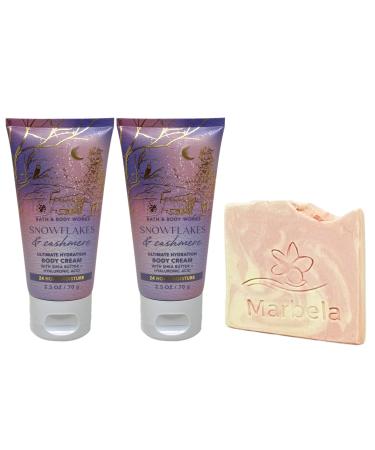 Bath & Body Works Snowflakes & Cashmere 2 Piece Mini Body Cream Bundle with a Himalayan Salts Springs Sample Soap - Travel Size