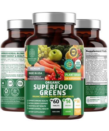 N1N Premium Organic Superfood Greens 28 Powerful Ingredients Natural Fruit and Veggie Supplement with Alfalfa, Beet Root and Ginger to Boost Energy, Immunity and Gut Health, Made in USA, 60 Ct