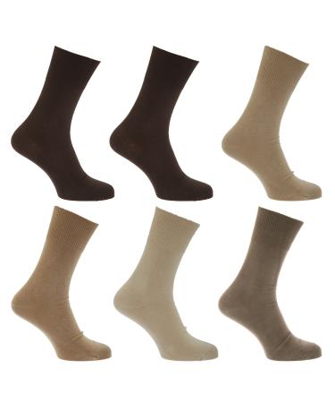 Mens Stay Up Non Elastic Diabetic Socks (Pack Of 6) US 7-12 Shades of Brown