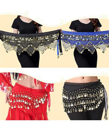 2-Pack Chiffon Belly Dance Belt with Coins - Silk Scarf Hip Cloth Skirts for Women (Black & Blue) - 150 cm Long - Buy Online on GoSupps.com