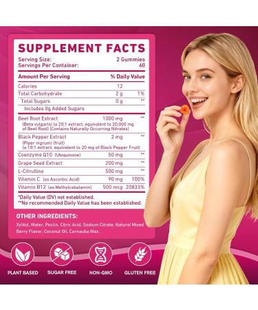 Beetroot Gummies - Beet Root for High Blood Pressure Supplements with Grape Seed Extract + CoQ10 + Black Pepper Extract + L-Citrulline + Vitamin C B12 Ultimate Heart for Blood Flow & Energy, 120 Count - Buy Online on GoSupps.com